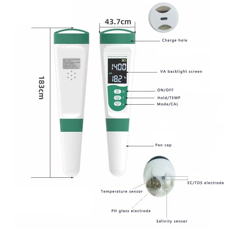 5-in-1 pH TDS EC Salzgehalt Temperatur Wassertester mit Stimme