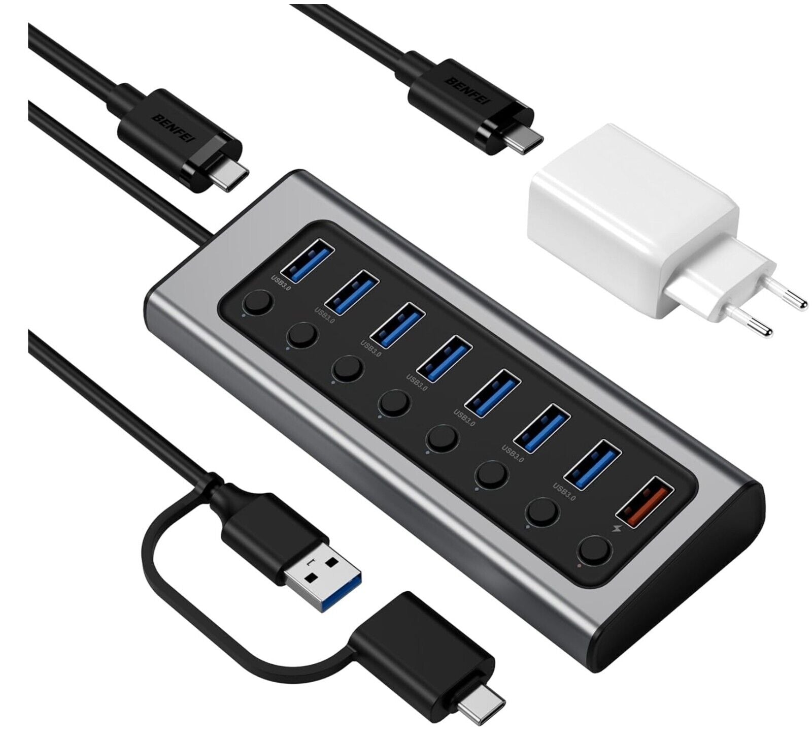 7-Port USB 3.0 Daten hub mit BC 1.2 Ladeanschluss, 45W GaN Super schnellladegerä