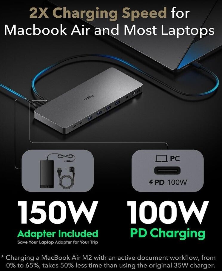Cudy DisplayLink Dual 4K Universal USB C Dockingstation, 10 Gbit/s USB C, 100 Wa