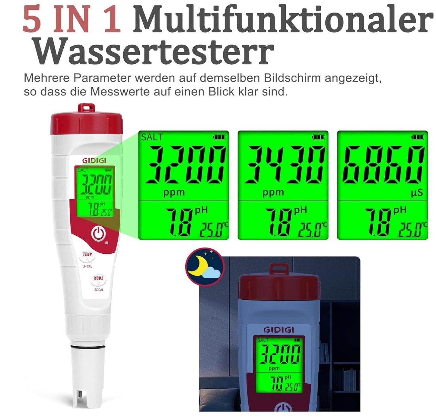 5-in-1 pH Salzmessgerät Pool TDS EC Tester Wasserdicht