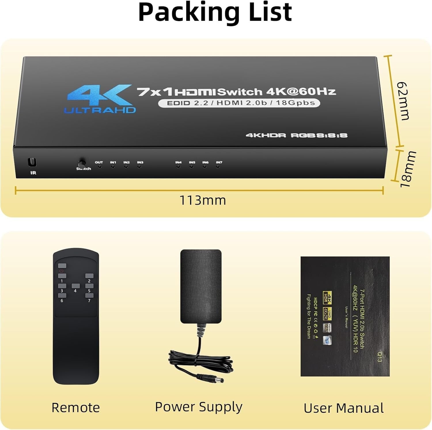 HDMI 2.0 Switch 7x1 4K@60Hz HDR Fernbedienung Schwarz