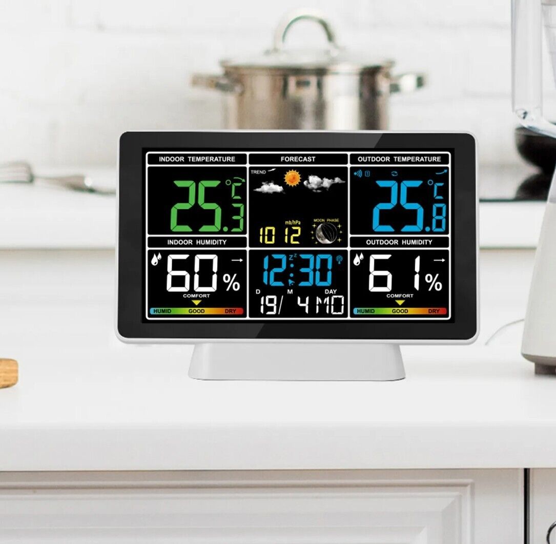 RCC Wetterstation Farb-LCD-Display Innen/Außen Thermometer-Hygrometer mit Wecker