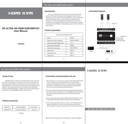8K @ 60 Hz - 4K@120 Hz KVM Switch 2 Port HDMI USB 3.0 Schwarz + Verbindungskabel