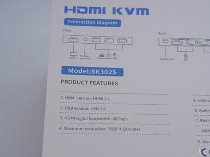 8K@60 Hz 4K@120 Hz KVM Switch 2 Port HDMI 2.1 USB 3.0 2 PCs an 1 Monitor + Kabel