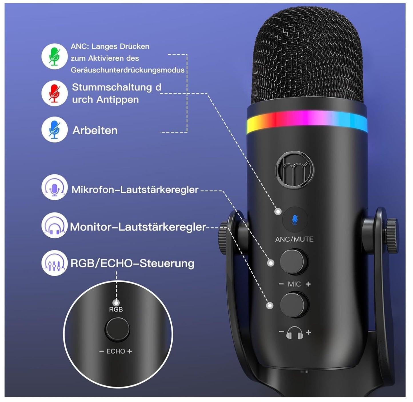 USB-Mikrofon K66 Pro mit ANC, RGB, Plug & Play für Streaming & Podcast