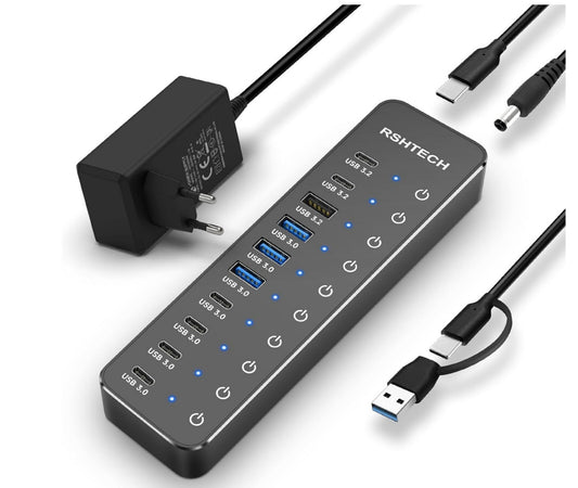 10-Port USB-C Hub 3.2/3.0 mit 60W Netzteil 1m Kabel