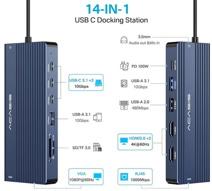2 * 4K60 HDMI, 1080p VGA, Ethernet, 3 USBC 10Gbps, 100W PD, SD/TF 3.0, Audioansc