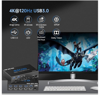 8K HDMI 2.1 KVM Switch 4 Ports USB3.0 4K@120Hz Hotkey 4 PCs - 1 Monitor