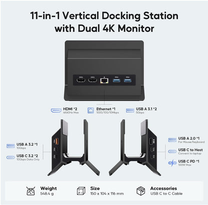 USB-C Docking Station Dual 4K@60Hz HDMI, 11in1, PD 100W, Ethernet