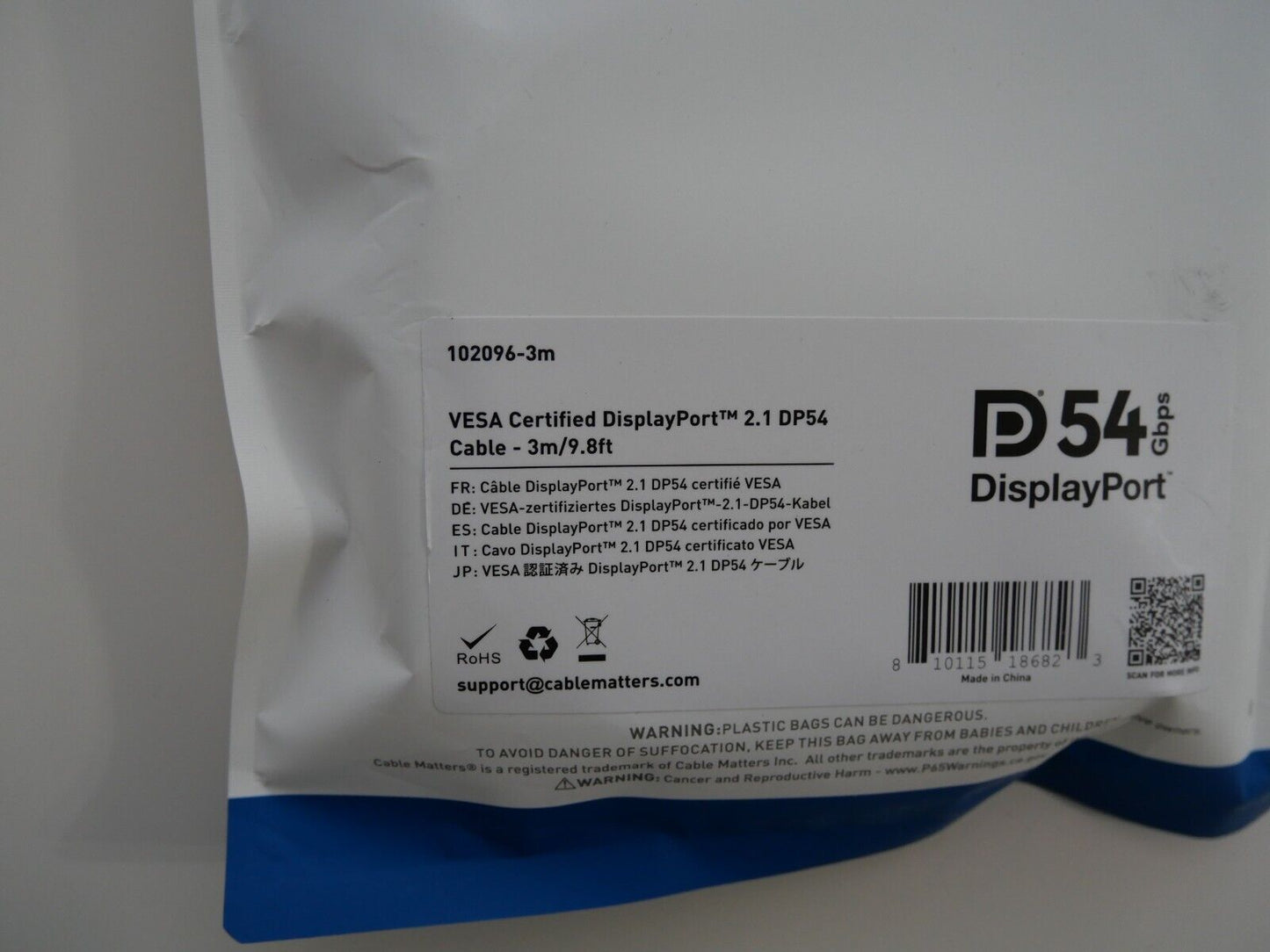 54 Gbps DisplayPort 2.1 Kabel 3 m, DP54 Kabel mit 8K 165 Hz, 4K 500 Hz in Schwar