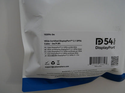 54 Gbps DisplayPort 2.1 Kabel 3 m, DP54 Kabel mit 8K 165 Hz, 4K 500 Hz in Schwar