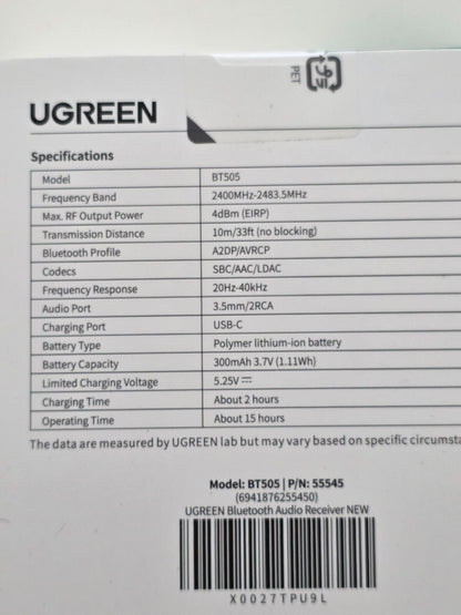 UGREEN Bluetooth 6.0 Adapter mit LDAC, Hi-Res Audio, Aux/RCA für Stereoanlage, V
