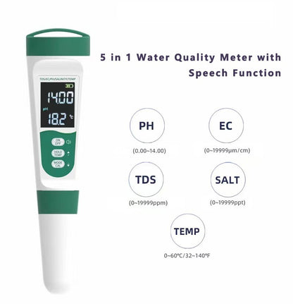 5-in-1 pH TDS EC Salzgehalt Temperatur Wassertester mit Stimme