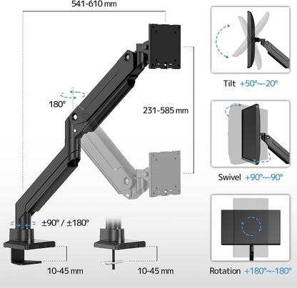 Monitor Halterung 17-49 Zoll 20kg Aluminium Gasfeder VESA 75/100 Schwarz