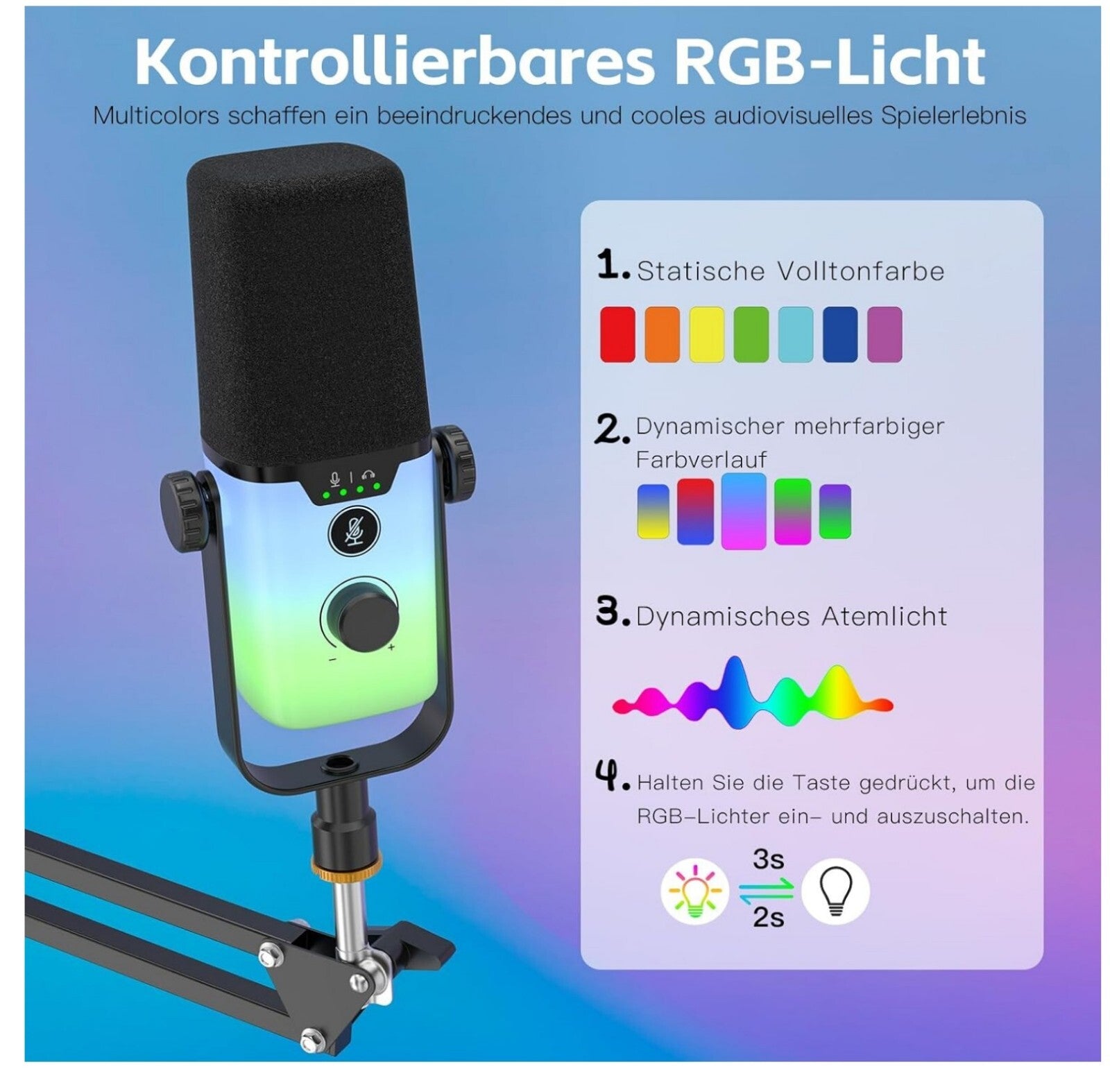 KD9S USB Mikrofon mit RGB, Boomarm, Nierencharakteristik für PC, Handy, PS5 – Id
