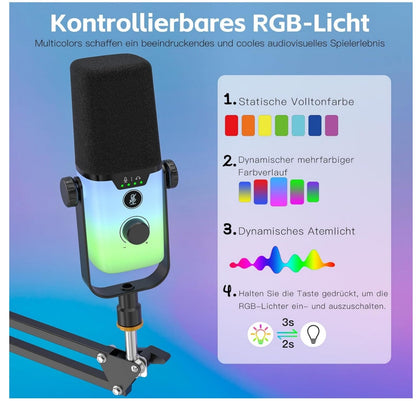 KD9S USB Mikrofon mit RGB, Boomarm, Nierencharakteristik für PC, Handy, PS5 – Id