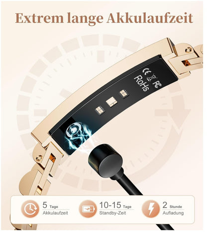 Smart Armband Damen Edelstahl 3ATM Wasserdicht Schwarz-Gold Fitness