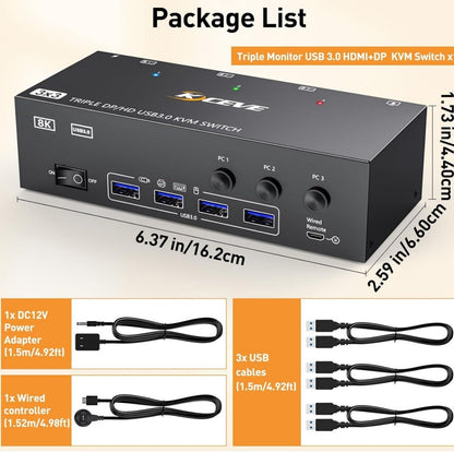 KVM Switch 3 PC 3 Monitore 4K@60Hz DP HDMI USB 3.0