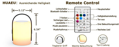 LED Akku Tischleuchte Kabellos mit Bluetooth Lautsprecher, RGB Farbwechsel, Dimm