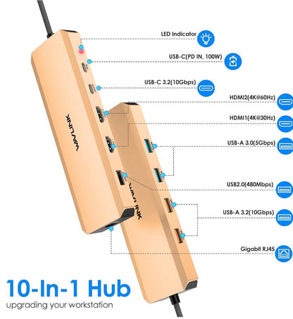 WAVLINK Laptop-Dockingstation, 10 G, USB-C-Hub, mit Dual-HDMI, 100 W PD-In, 10 G