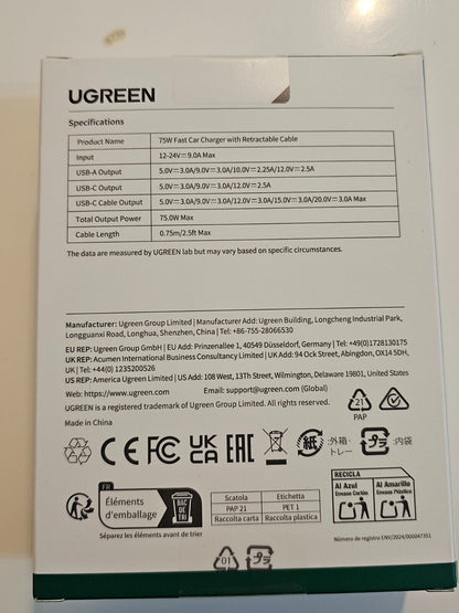 UGREEN Einziehbares Auto Ladegerät 75W Zigarettenanzünder USB C kompaktes KFZ La