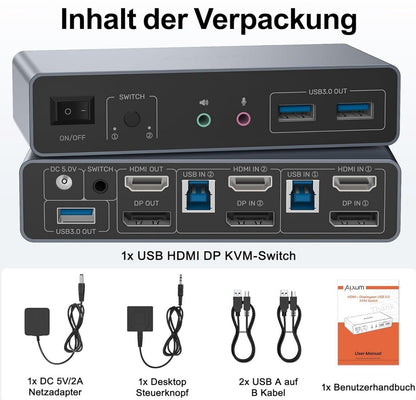 HDMI DP KVM-Switch 4K@60Hz Dual Monitor für 2 PCs USB 3.0