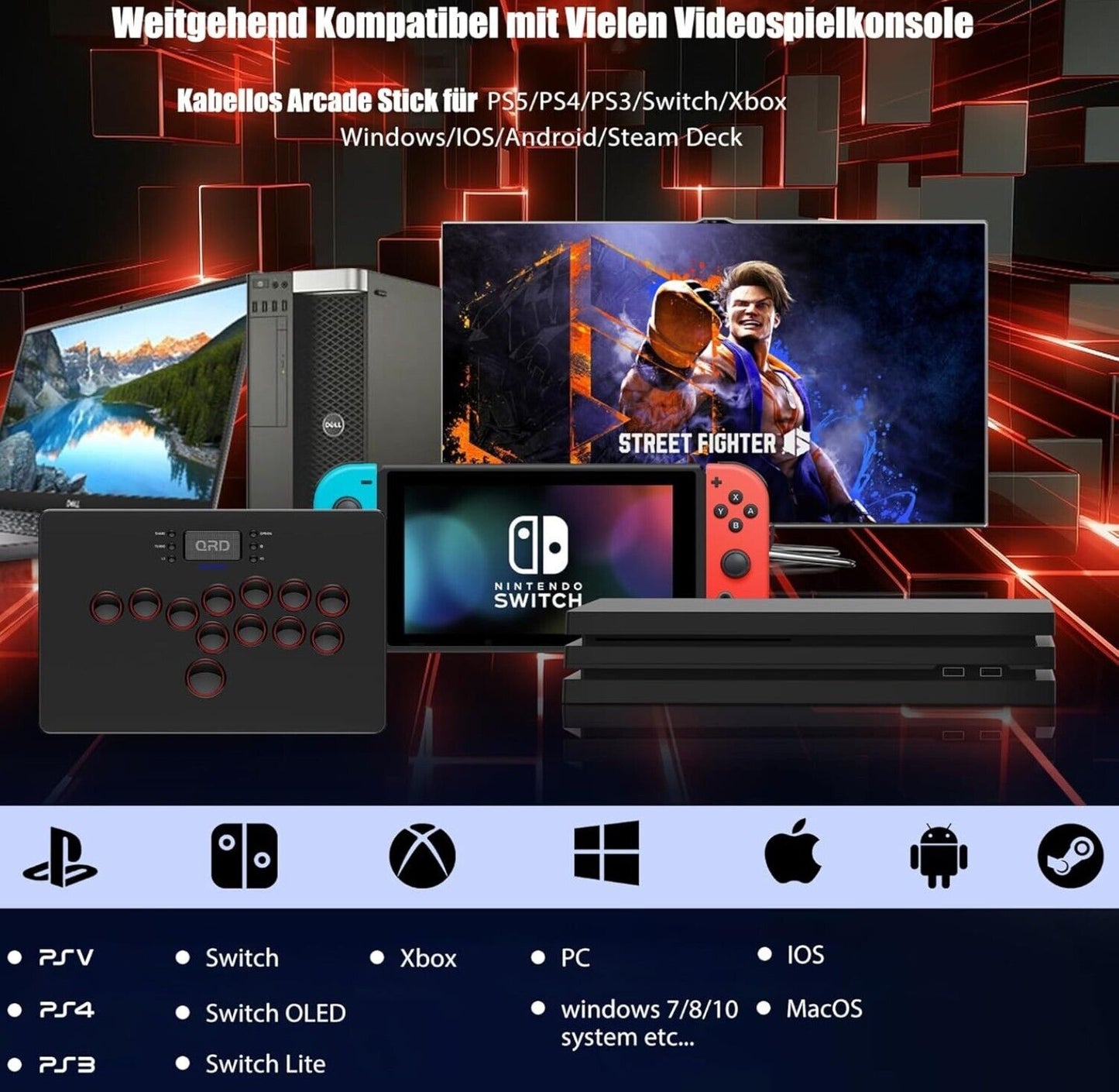 QRD S3 Kabellos Arcade Stick für Nintendo Switch PS4 PS3 Xbox 360 PC Mac Android