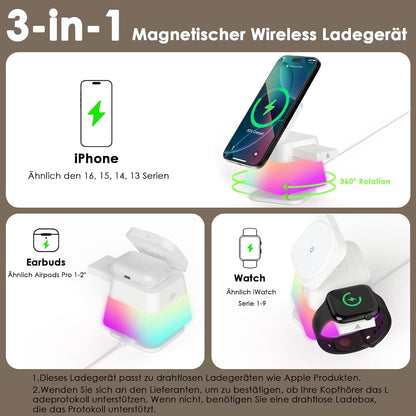 Kabelloses Ladegerät 15W RGB-Licht für iPhone/Watch/Pods