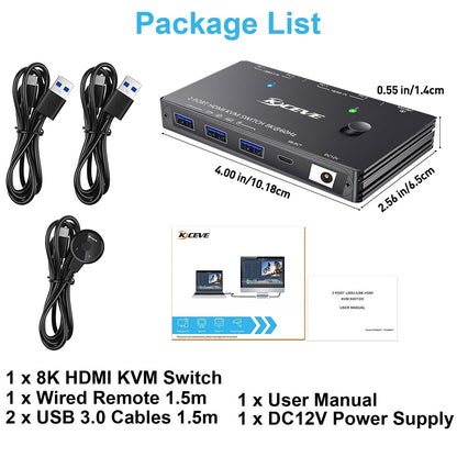 KVM Switch 2 PC 1 Monitor 8K@60Hz HDMI 2.1 USB 3.0