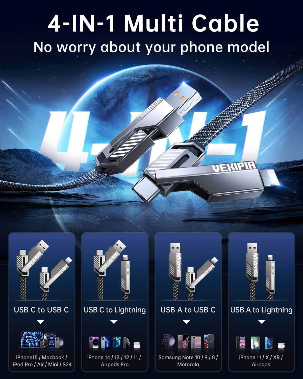 4-in-1 USB-C Kabel 1.5m 180W Light /Typ-C/USB-A Nylon