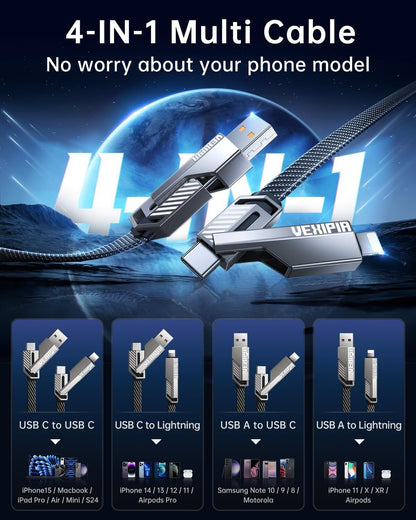 4-in-1 USB-C Kabel 1.5m 180W Light /Typ-C/USB-A Nylon