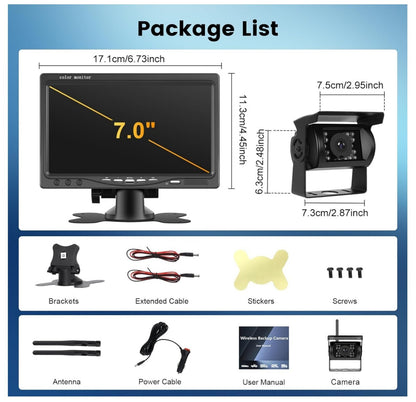 Rückfahrkamera Kabellos 7 Zoll HD Monitor Nachtsicht IP68 12V-36V