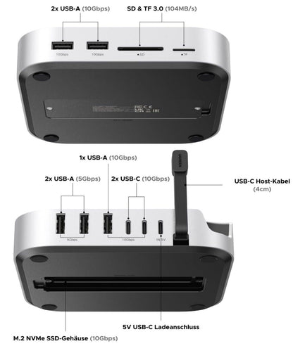 Mac Mini M4 Dock USB C Hub mit M.2 NVMe SSD 7 Ports Grau
