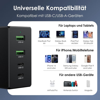 100W USB-C GaN Ladegerät 4-Port Schnellladegerät Schwarz