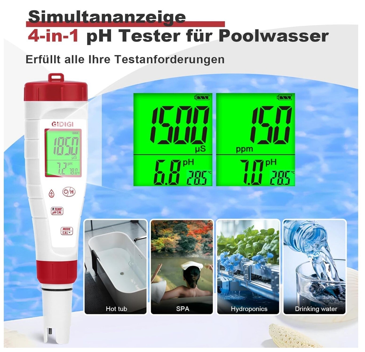 4-in-1 pH TDS EC Messgerät Wasser Tester LCD Hintergrundbeleuchtung