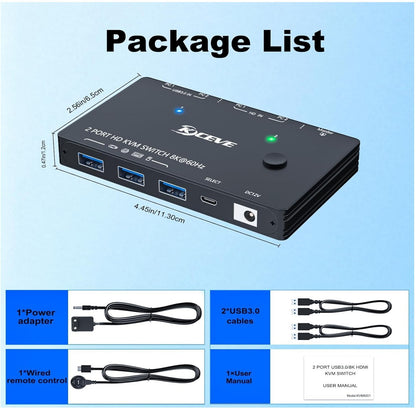 HDMI KVM Switch 8K@60Hz 4K@120Hz für 2 PCs, 1 Monitor, 3x USB 3.0