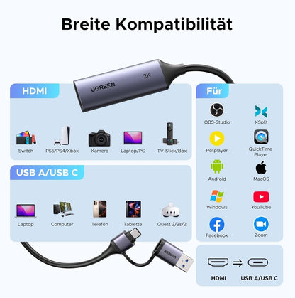 Video Capture Card HDMI auf USB-C/A 4K@30Hz 2K@30Hz Grabber