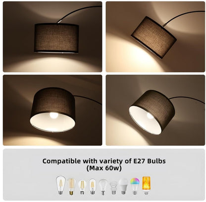 Bogenlampe Vintage Stoffschirm 33cm Schwarz LED E27 Fußschalter