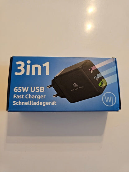 65W USB-C GaN Ladegerät, 3fach Netzteil mit Dual USB-C und USB-A, kompatibel mit