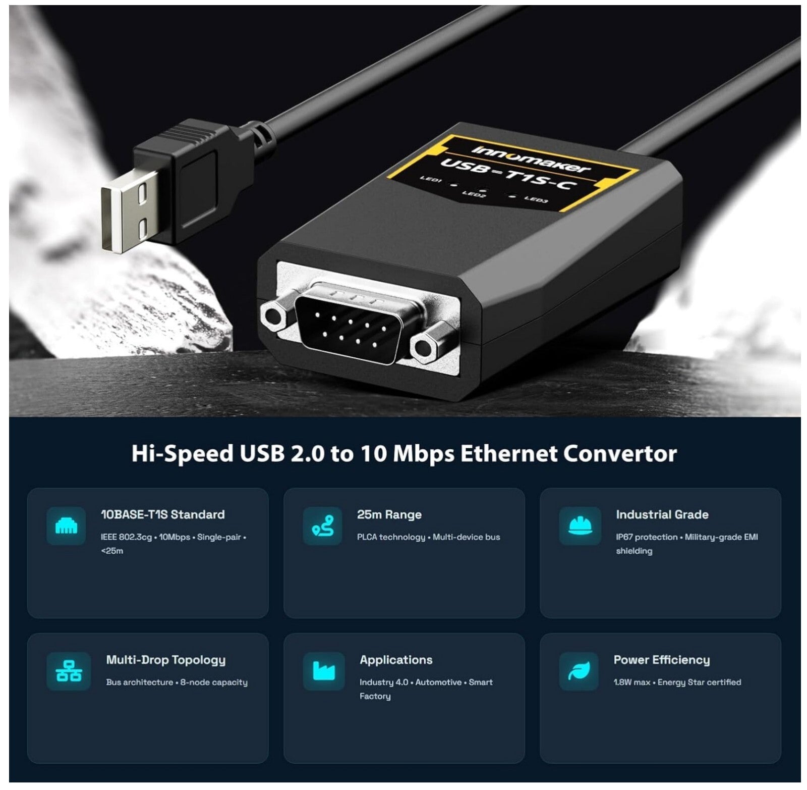 USB-zu-10BASE-T1S Ethernet-Konverter 10 Mbit/s, Windows/Linux, Industriequalität