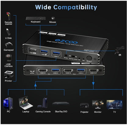 8K HDMI 2.1 KVM Switch 2 Ports USB3.0 4K@120Hz Hotkey 2 PCs - 1 Monitor