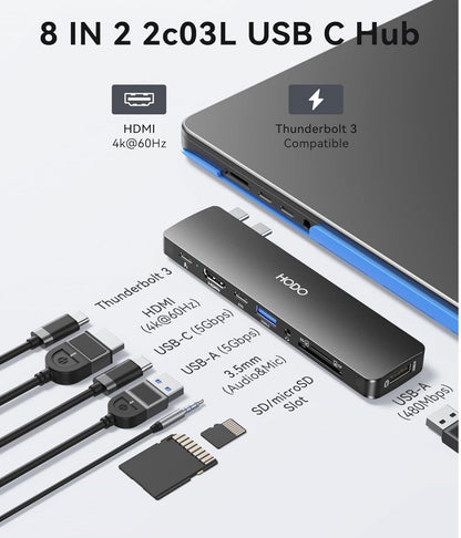 USB-C Hub 8in2 für MacBook M4/M3/M2/M1, 4K HDMI, Thunderbolt 3, SD/TF