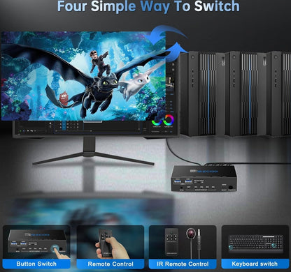 KVM Switch HDMI USB 3.0 4 Ports 4K 60Hz Hotkey 4 PCs an 1 Monitor