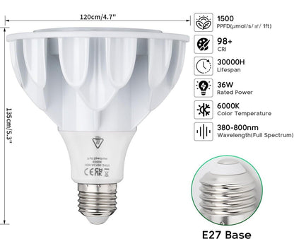 36W LED Pflanzenlampe - Vollspektrum, 6000K, Weiß