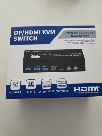 8K DP / HDMI KVM 2PC 2 Monitor 8K@60Hz 4K@120Hz 2K@144Hz + Kabel
