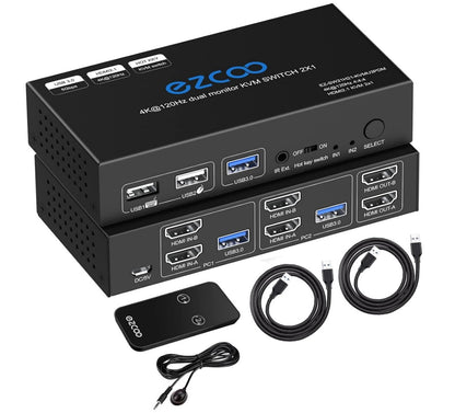 8K HDMI 2.1 KVM Switch Dual Monitor 2 Ports 4K 120Hz 2 PCs an 2 Monitoren