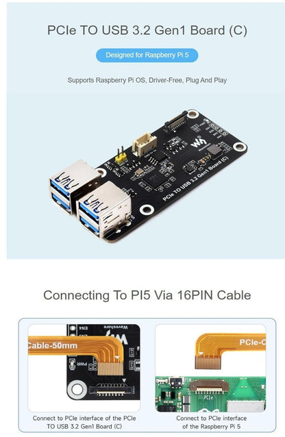 PCIe zu 4-Ch USB3.2 Gen1 Board – Erweitern Sie Ihren Raspberry Pi 5!