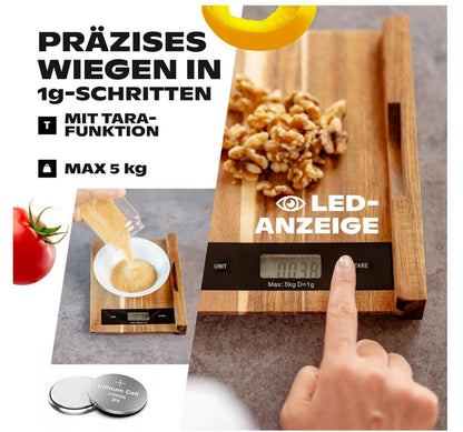 Holz-Schneidebrett mit Digitalwaage 1g Genau Akazienholz 38x27,5cm