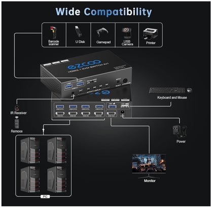 8K HDMI 2.1 KVM Switch 4 Ports USB3.0 4K@120Hz Hotkey 4 PCs - 1 Monitor