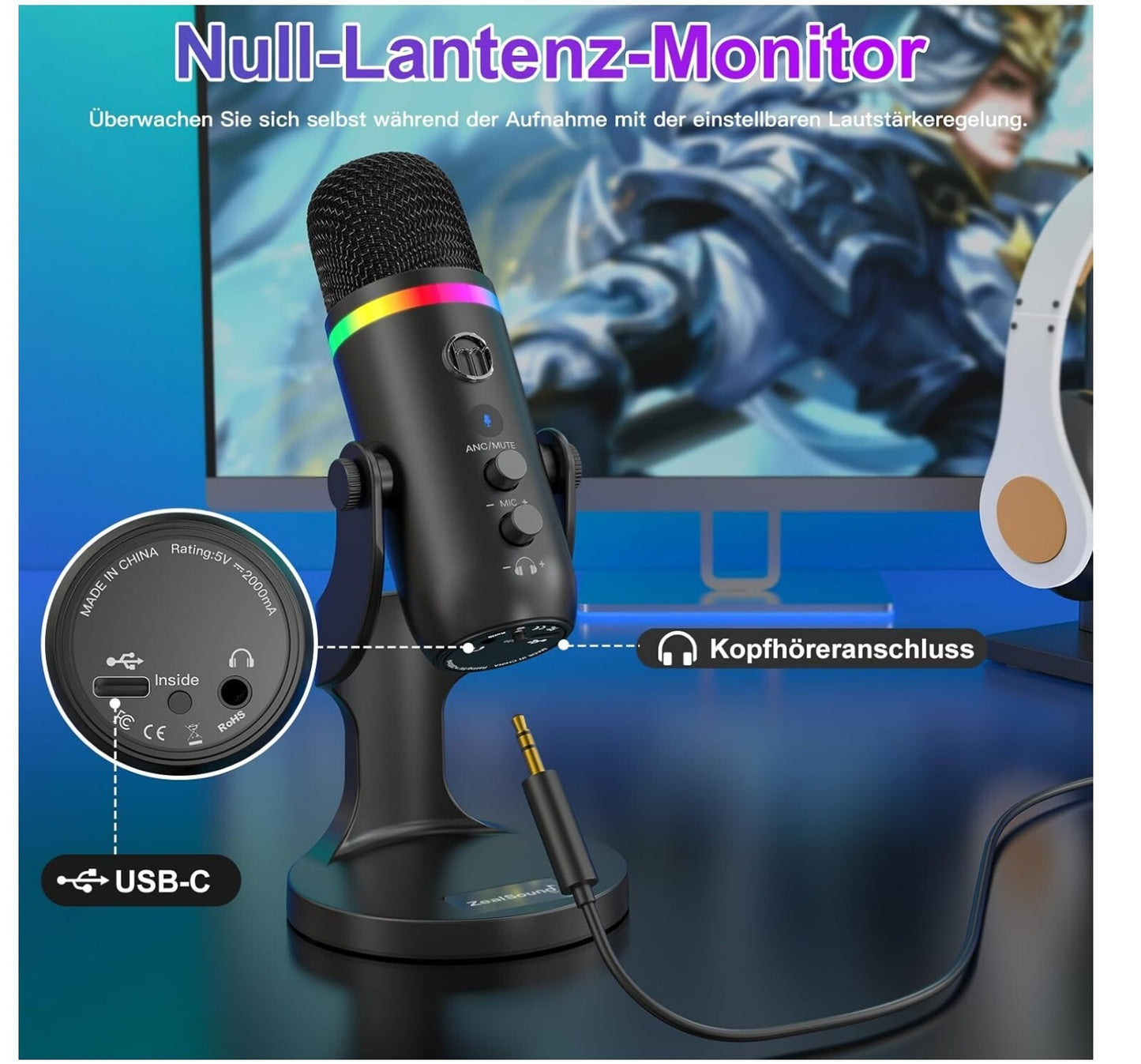 USB-Mikrofon K66 Pro mit ANC, RGB, Plug & Play für Streaming & Podcast